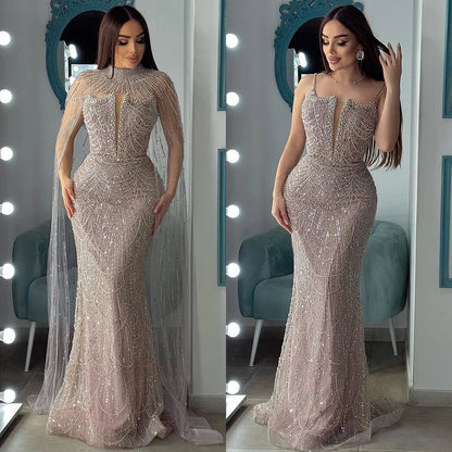 Luxury Evening Dress Nude Pearls Beaded Gown With Tulle Train LA72189A - SERENE HILL