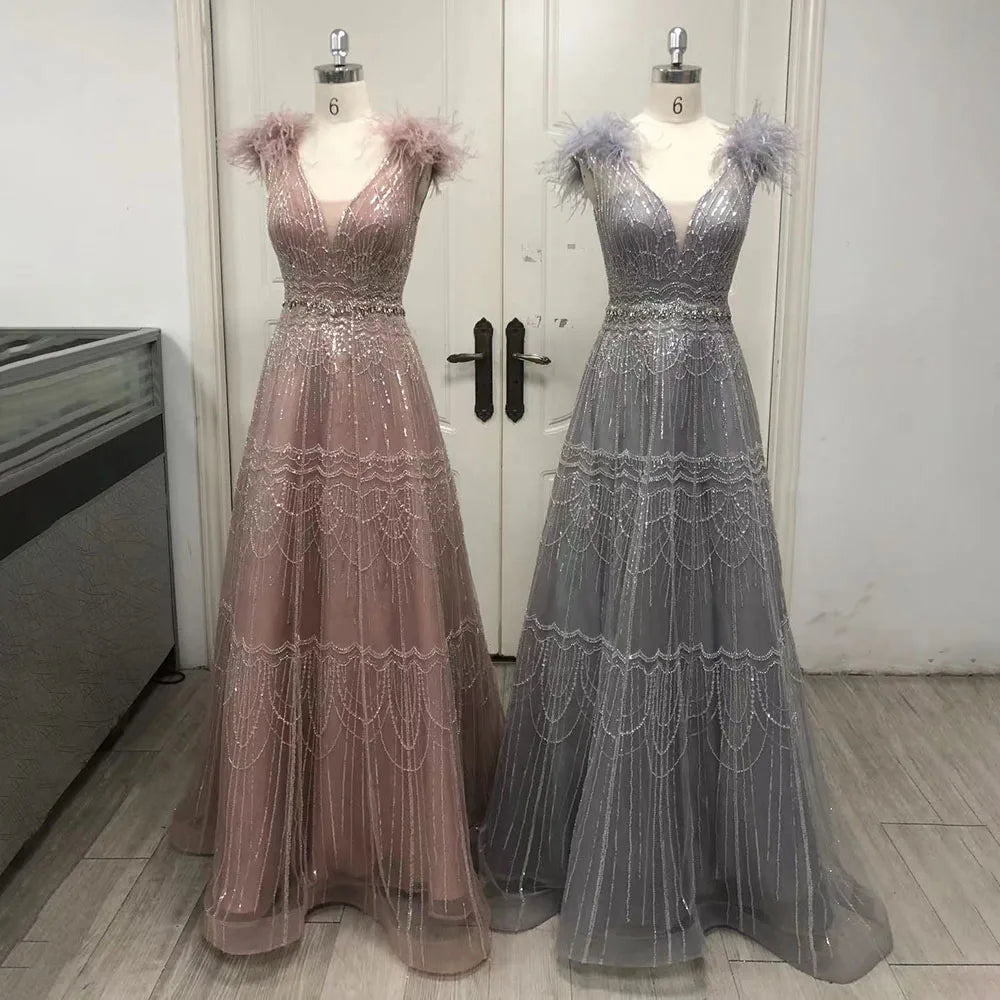 Serene Hill Arabic Pink A-Line Elegant Luxury Beaded Feathers Evening Dress for Women - Wedding Party 2025 LA72608 - SERENE HILL