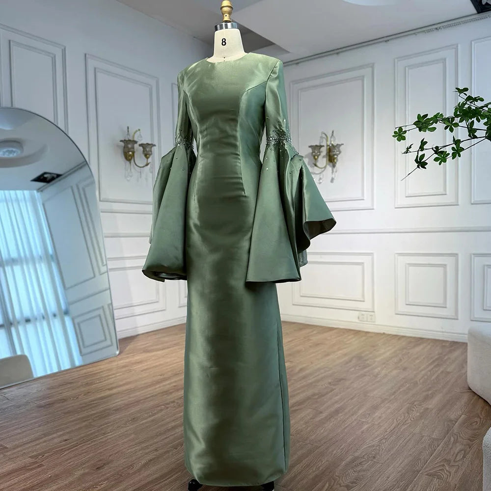 Luxury Sage Green Satin Evening Dress with Bell Sleeves 2025 LA73094 – SERENE HILL