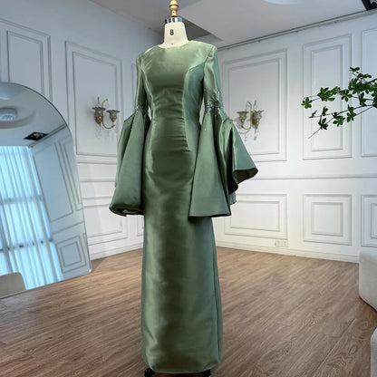 Luxury Sage Green Satin Evening Dress with Bell Sleeves 2025 LA73094 - SERENE HILL