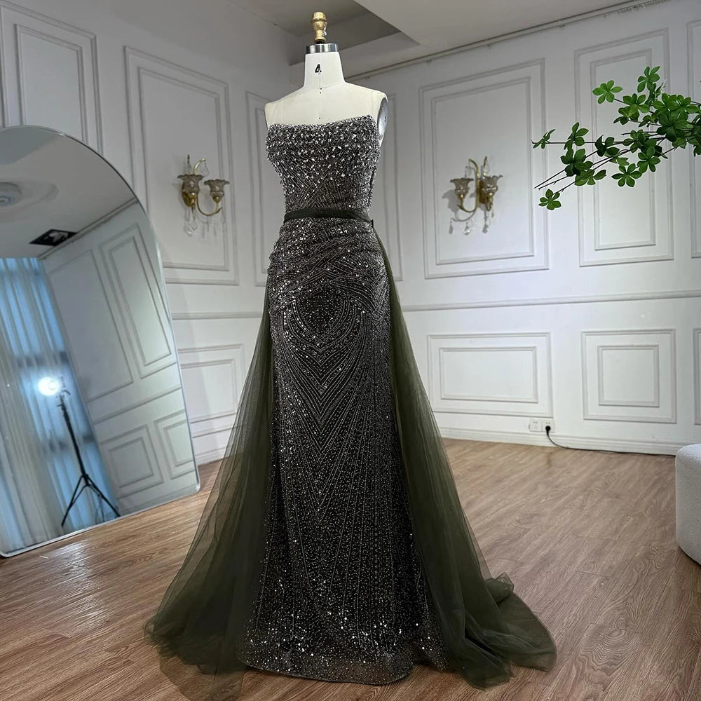 Lilac Olive Green Mermaid Evening Dress with Detachable Overskirt LA73162 Olive Green / 2