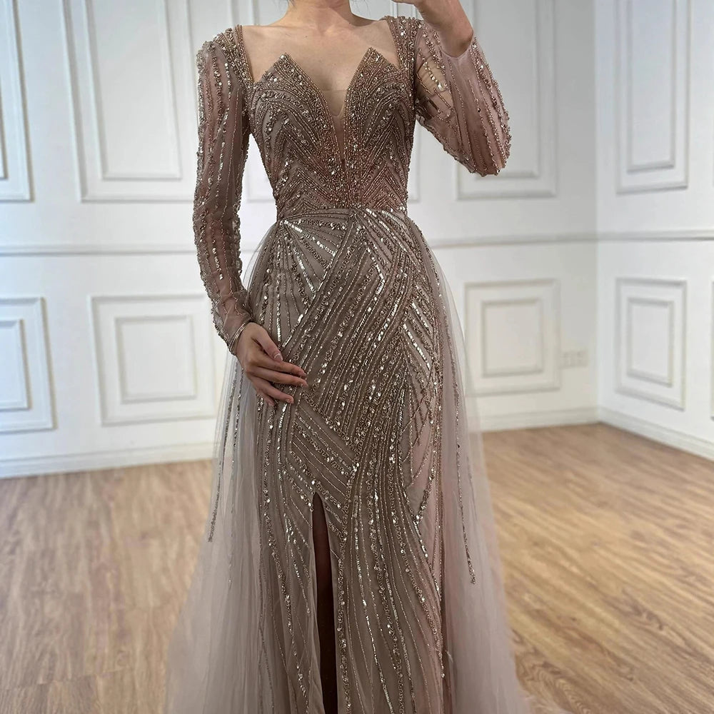 On Sale no return no refundSerene Hill Arabic Turquoise V Neck Mermaid Beaded Sexy Open Split Evening Dresses Gowns 2025 For Women Wedding Party LA72006 - SERENE HILL