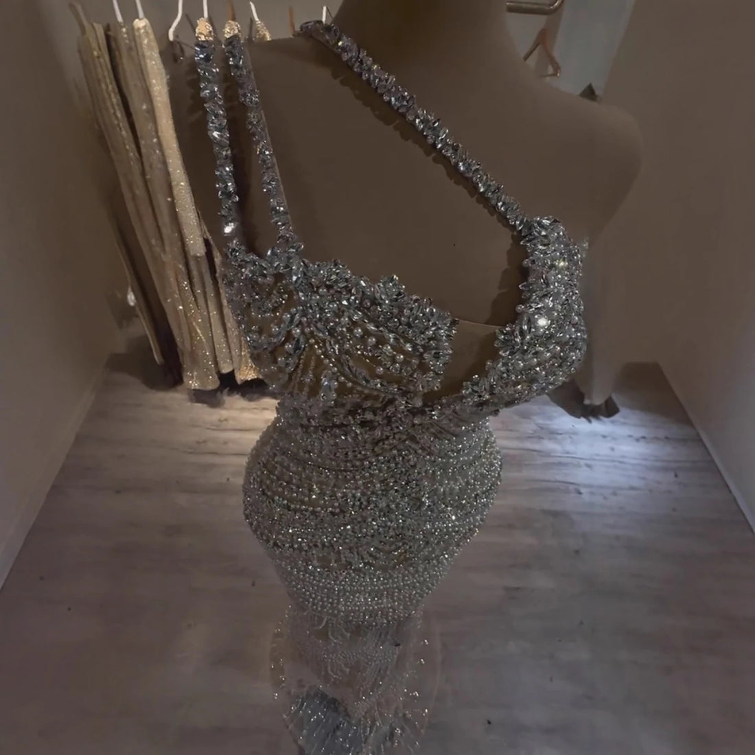 Luxury Silver Nude One Shoulder Pearls Beaded Gowns LA73371 - SERENE HILL