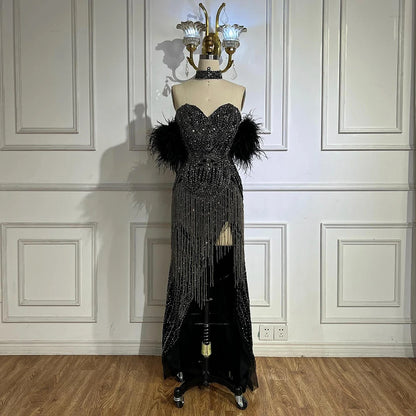 Luxury Silver Nude Mermaid Evening Dress with Beaded Tassel LA72083 - SERENE HILL