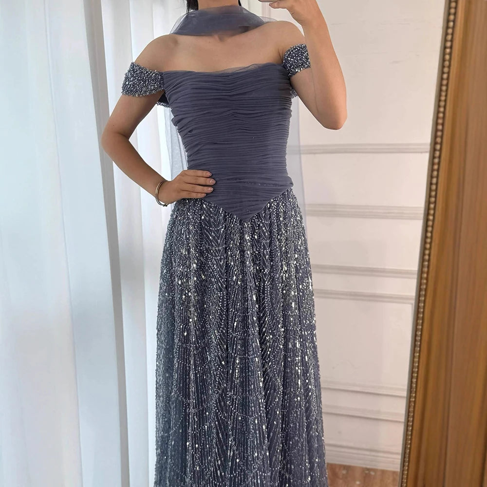 Luxury Arabic Pink Pearls Beaded Evening Dress With Cape LA72922 - SERENE HILL