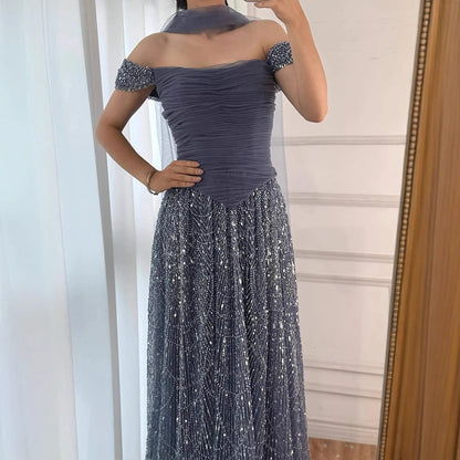 Luxury Arabic Pink Pearls Beaded Evening Dress With Cape LA72922 - SERENE HILL