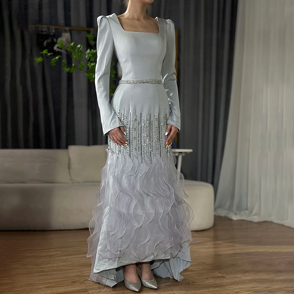 Serene Hill Arabic Gray Mermaid Elegant Ankle Length Beaded Satin Luxury Evening Dresses Gowns For Women Party 2025 LA72317 - SERENE HILL