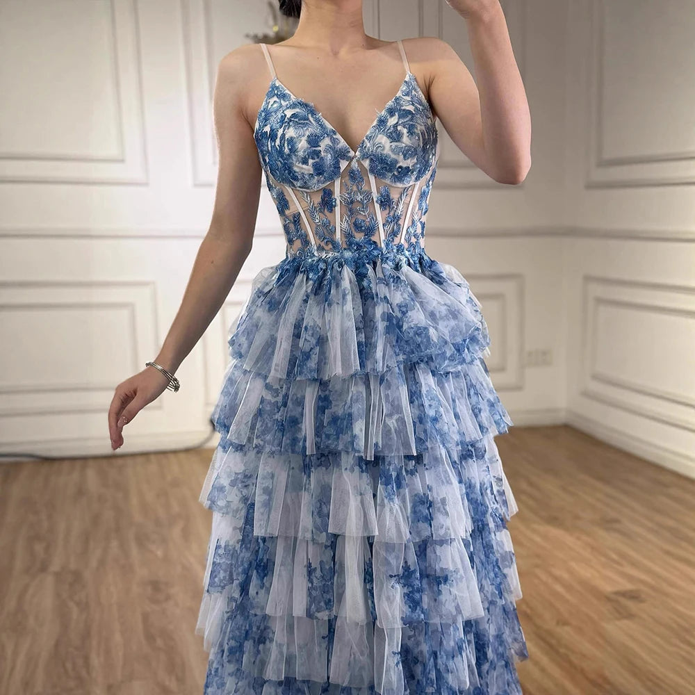 Serene Hill Spaghetti straps blue print floral Ruffle prom dress - SERENE HILL