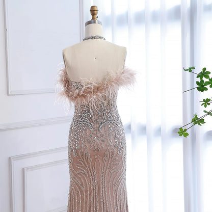 Luxury Nude Halter Feather Crystal Evening Dress LA73349 - SERENE HILL