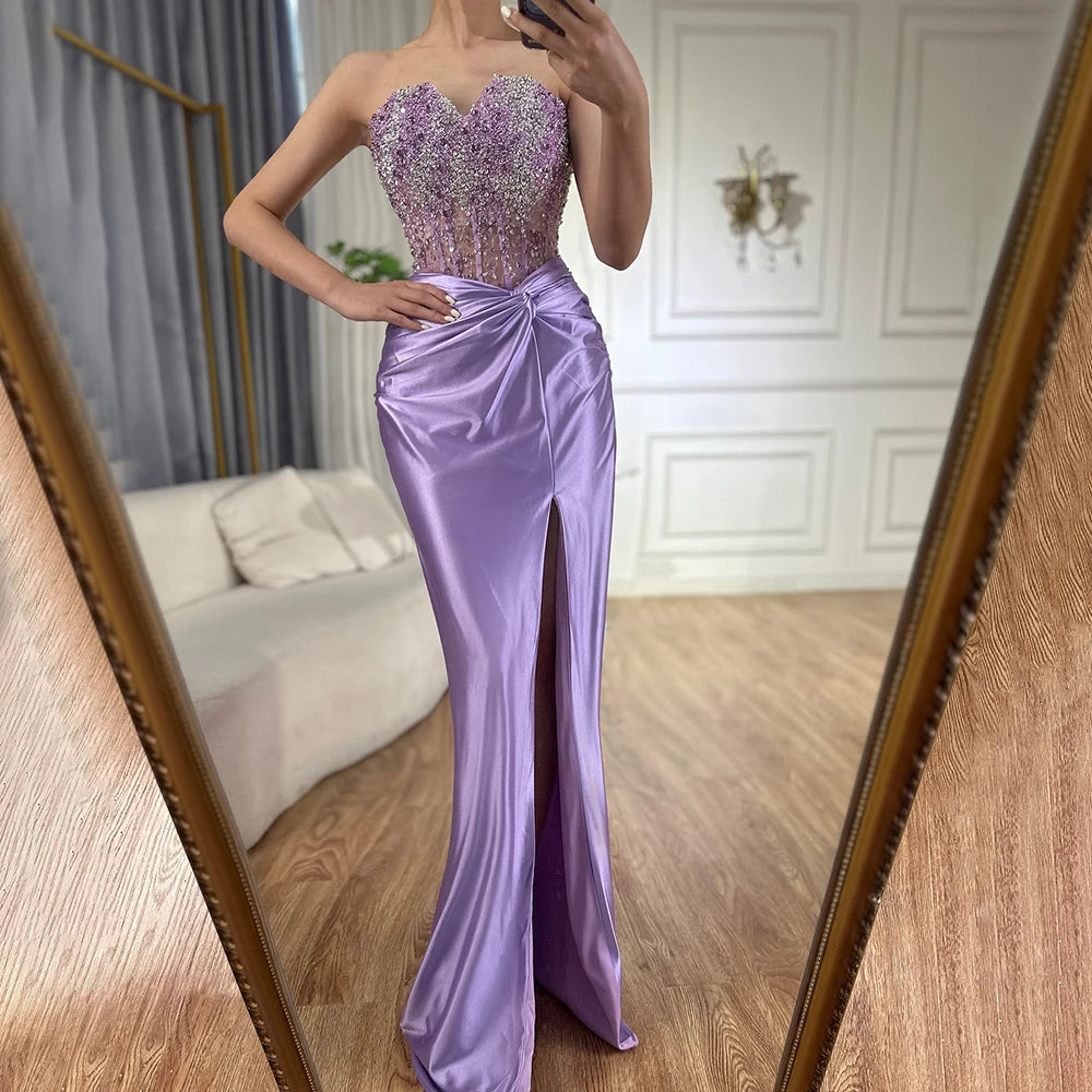 Serene Hill Luxury Dubai Lilac Split Mermaid Beaded Arabic Evening Dresses Gowns for Women Wedding Party 2025 LA72329 - SERENE HILL