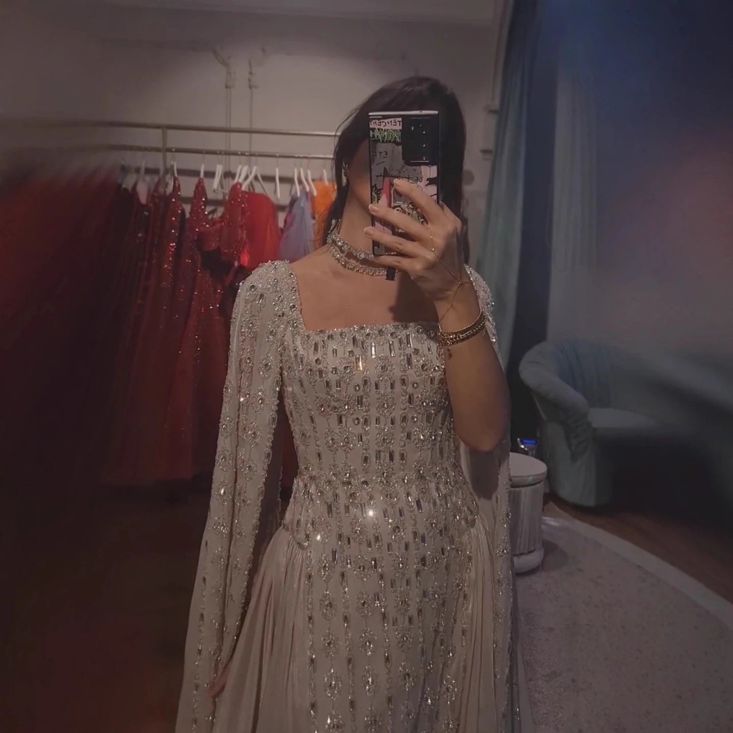 Luxury Silver Dubai Crystal Evening Dress with Cape LA73272 - SERENE HILL
