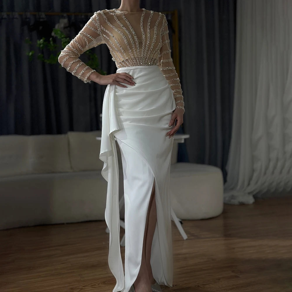 White Long Sleeves Mermaid Split Evening Dresses Design 2025 Beaded Luxury Elegant For Women Party Serene Hill LA71531 - SERENE HILL