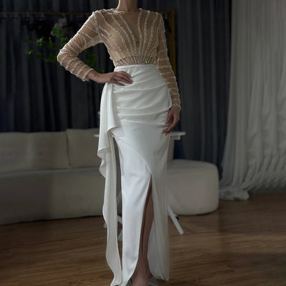White Long Sleeves Mermaid Split Evening Dresses Design 2025 Beaded Luxury Elegant For Women Party Serene Hill LA71531 - SERENE HILL