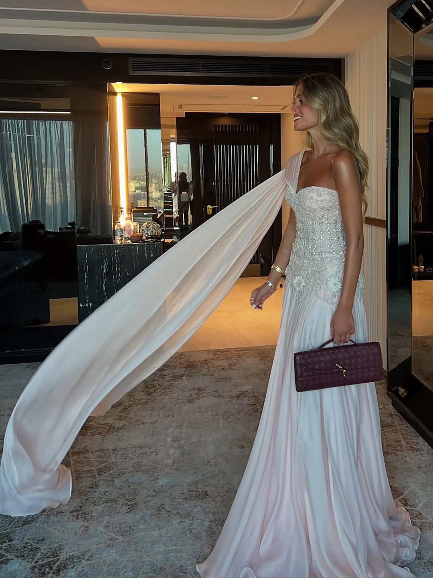 Luxury Pink Arabic Floral chiffon Evening Dress With Cape LA73451 - SERENE HILL