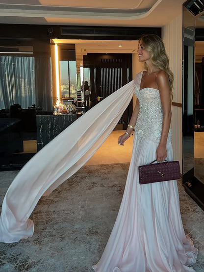 Luxury Pink Arabic Floral chiffon Evening Dress With Cape LA73451 - SERENE HILL