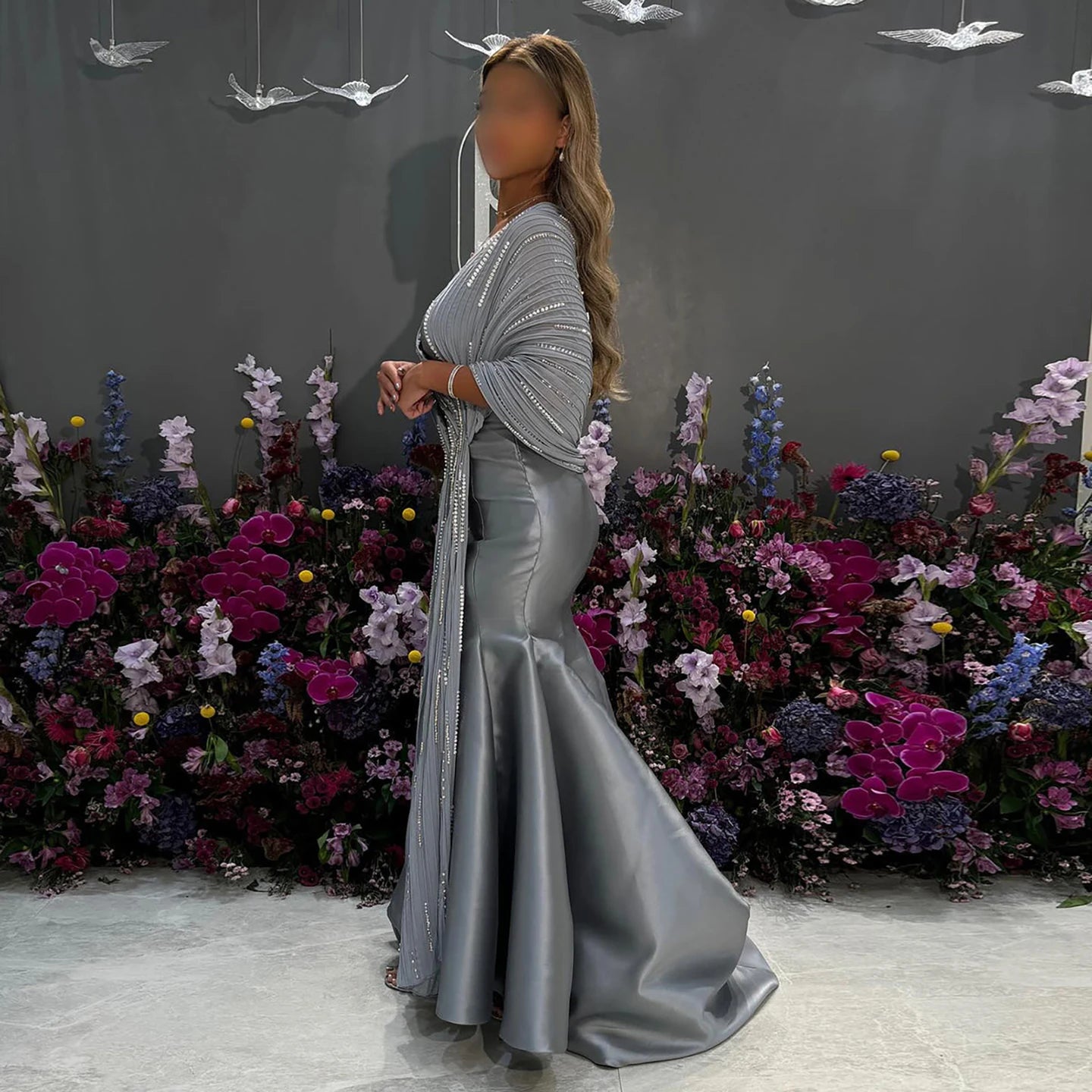 Luxury Dubai Grey Peach Arabic Evening Gown with Ruffles Shawl LA73270 - SERENE HILL