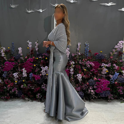 Luxury Dubai Grey Peach Arabic Evening Gown with Ruffles Shawl LA73270 - SERENE HILL