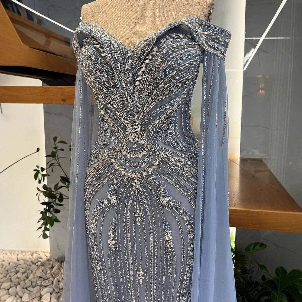 Luxury Blue Beaded Cape Sleeve Saudi Arabic Evening Dress LA73151 - SERENE HILL