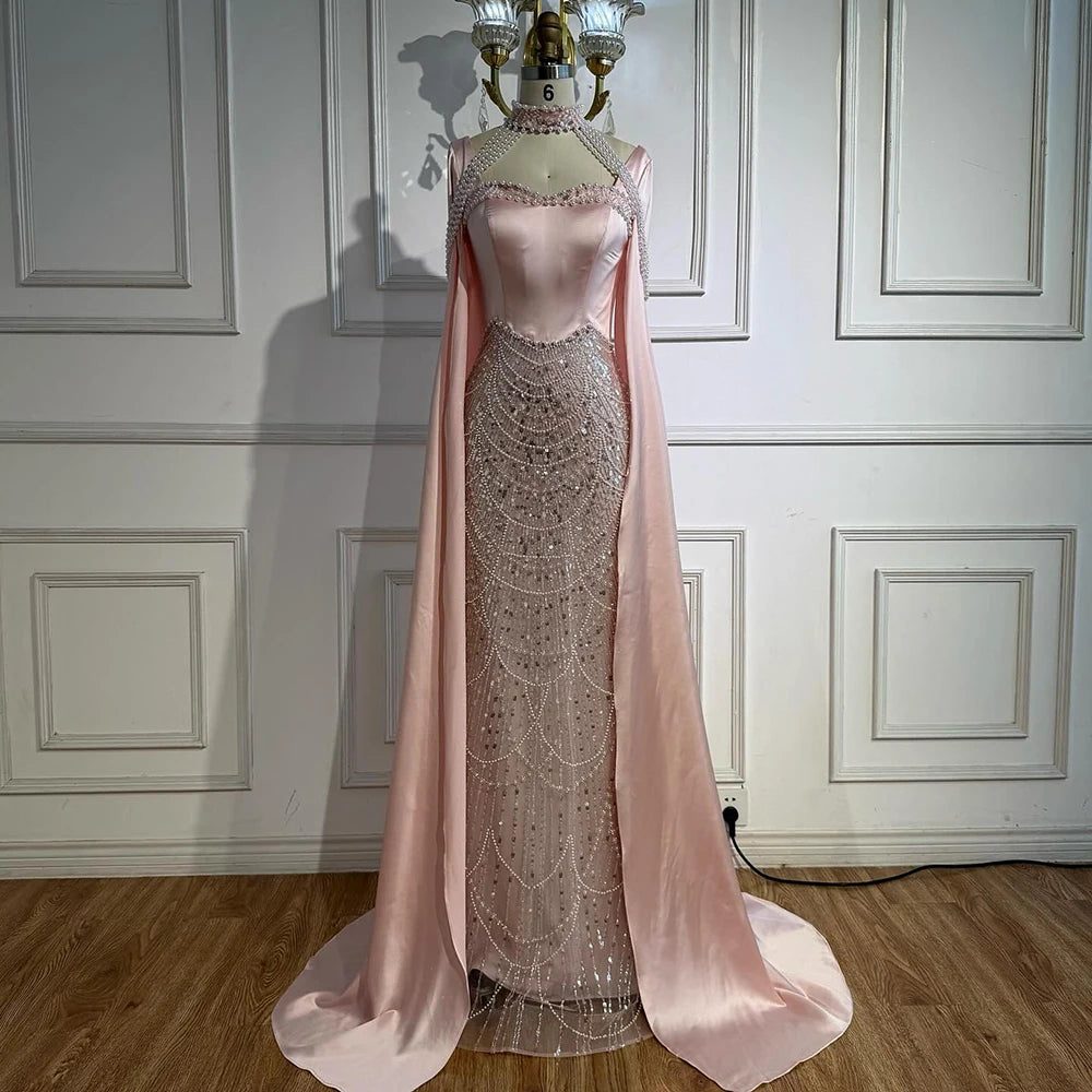 Luxury Arabic Pearls Pink Evening Dress with Cape LA73051 - SERENE HILL