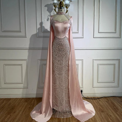 Luxury Arabic Pearls Pink Evening Dress with Cape LA73051 - SERENE HILL