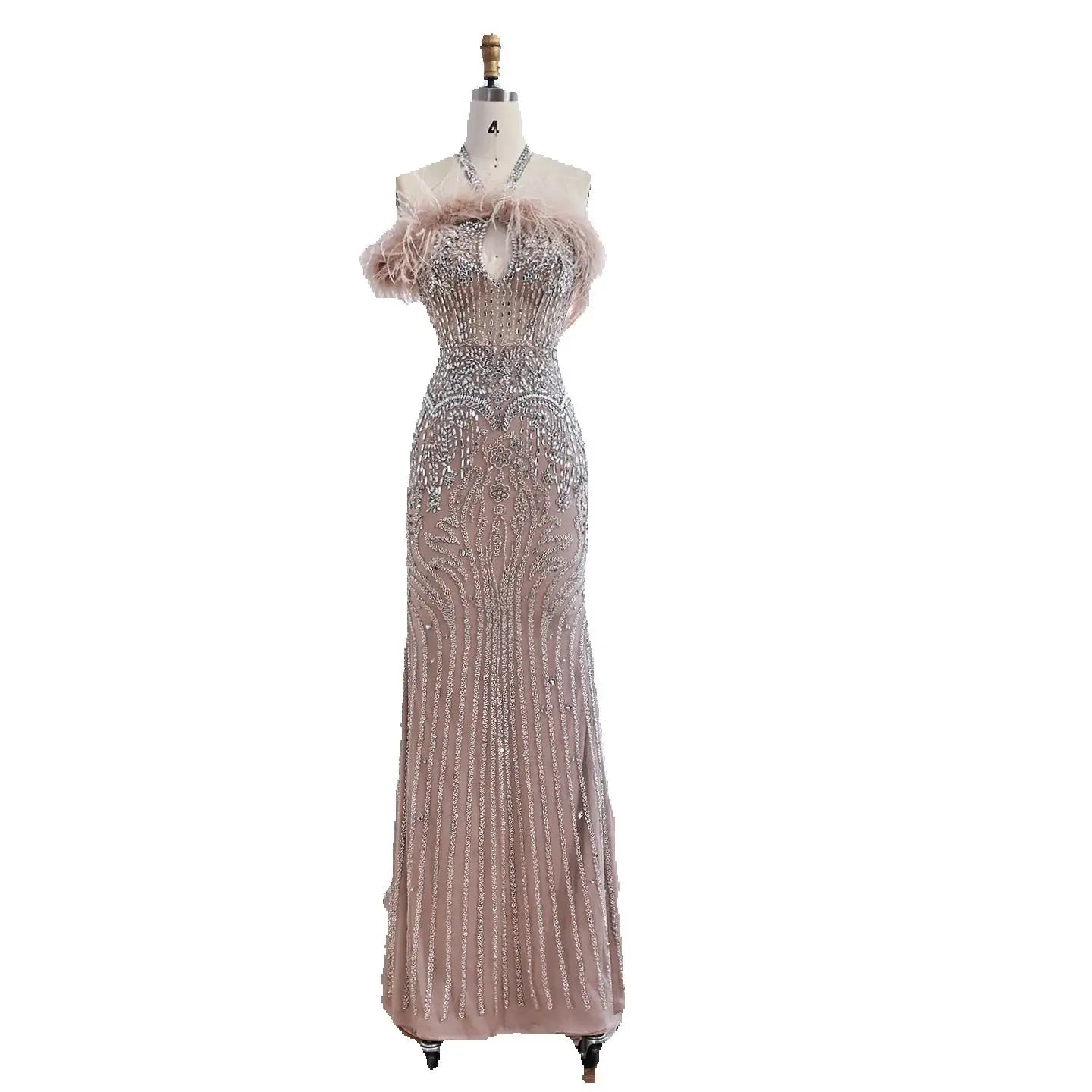 Luxury Nude Halter Feather Crystal Evening Dress LA73349 - SERENE HILL
