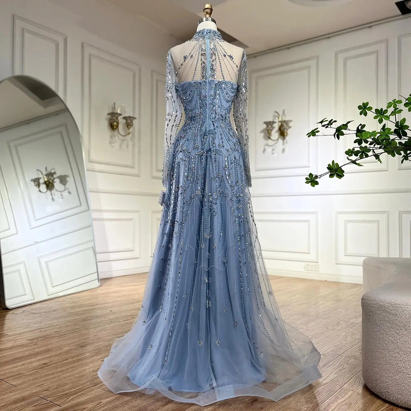 Luxury Dubai Designer Modest A-Line Blue Lace Beaded Evening Dresses LA72704 - SERENE HILL