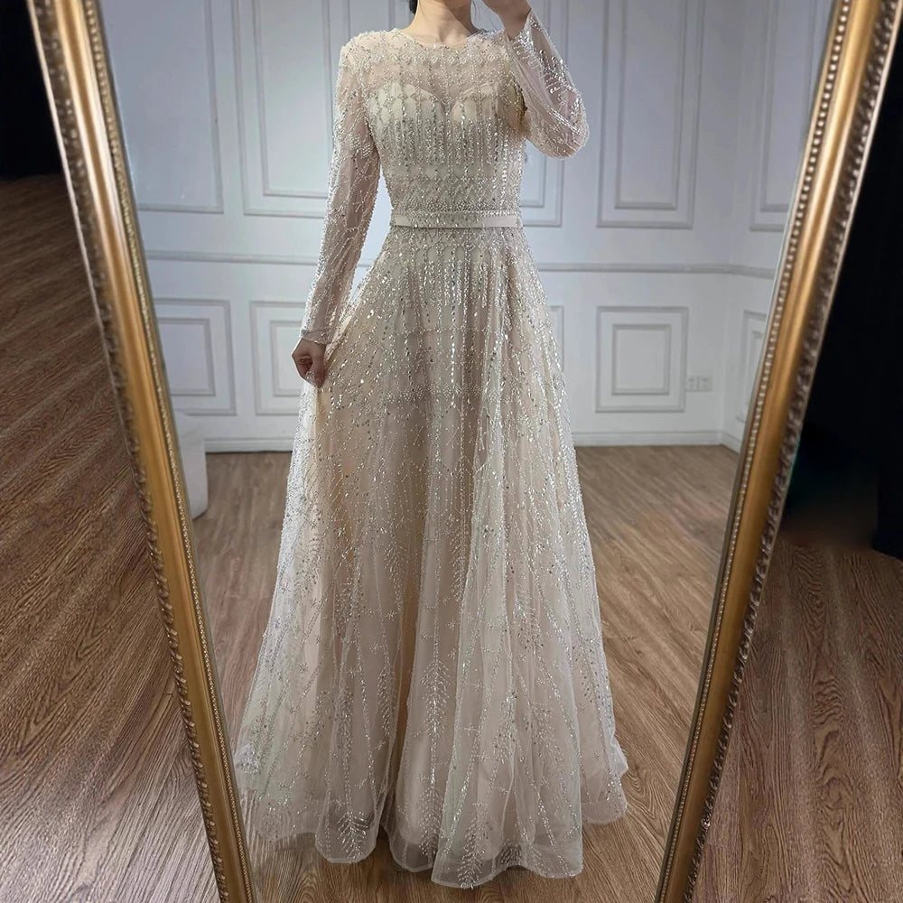 Luxury Nude A-Line Pearls Beaded Evening Dress LA73174 - SERENE HILL