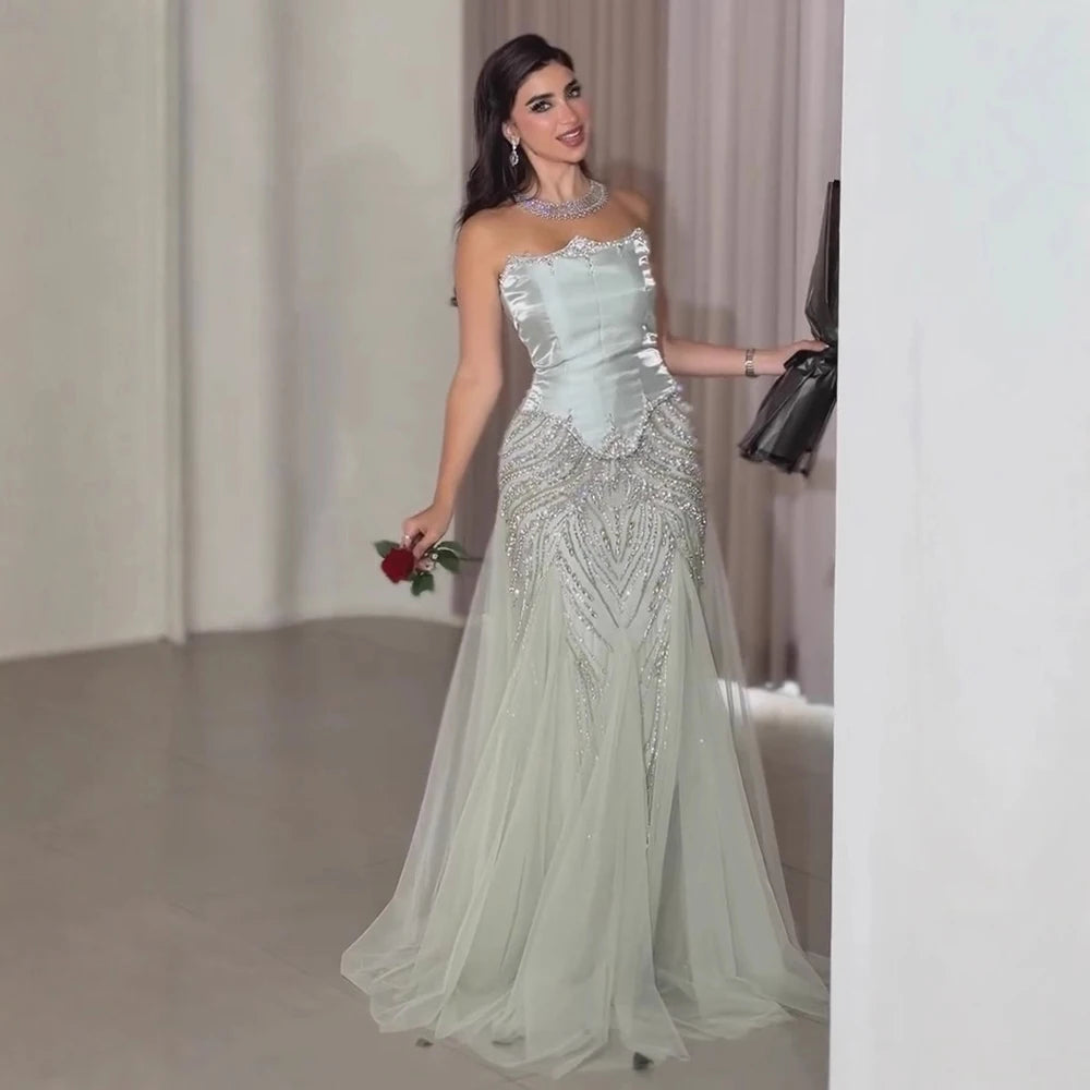 Luxury Sage Green Beaded Mermaid Evening Dress with Balloon Sleeves LA73201 - SERENE HILL