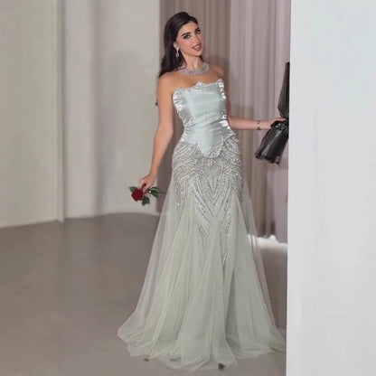 Luxury Sage Green Beaded Mermaid Evening Dress with Balloon Sleeves LA73201 - SERENE HILL