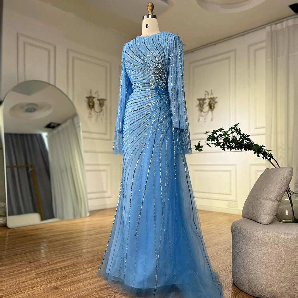 Luxury Dubai Arabic Elegant Blue Beaded Saudi Evening Dresses Gowns for Formal Occasion LA72822 - SERENE HILL