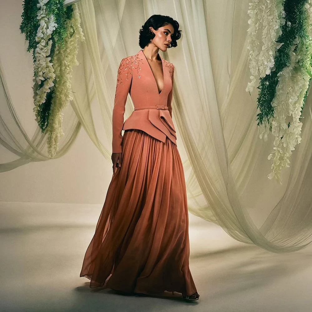 Brown Luxury Beaded Evening Gown with Blazer Top and Pleated Skirt LA72918 - SERENE HILL