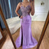 Classy Navy Satin Prom Dress with Lace Beaded and Slit LA73003 - SERENE HILL
