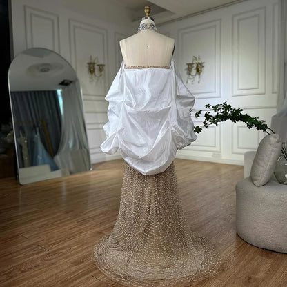 Luxury Famous White Nude Pearls Beaded Mermaid Evening Dress With Cape LA72802 - SERENE HILL