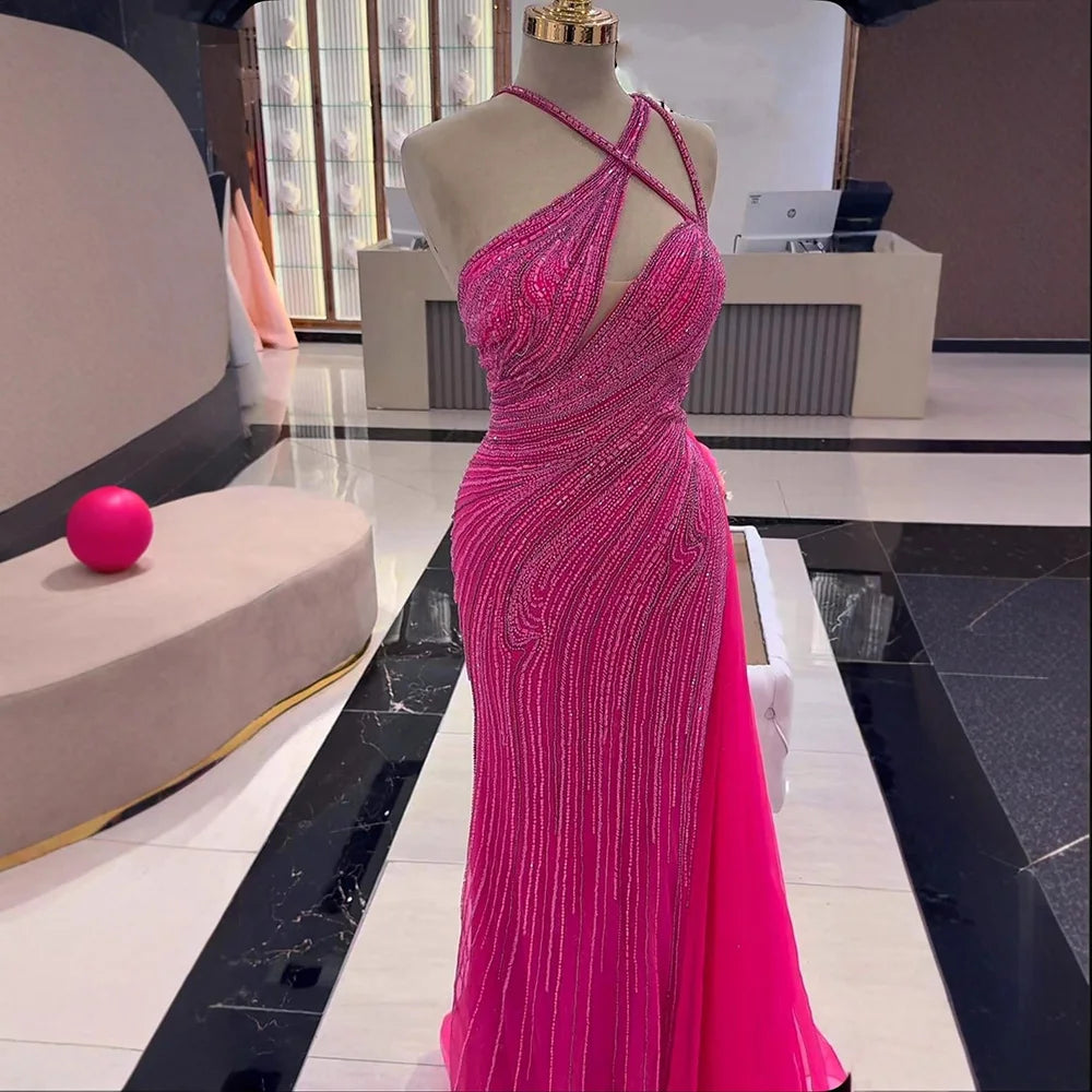 Fuchsia One Shoulder Beaded Mermaid Evening Dress with Overskirt LA73105 - SERENE HILL