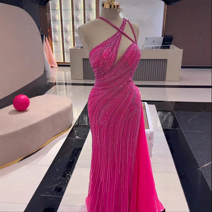 Fuchsia One Shoulder Beaded Mermaid Evening Dress with Overskirt LA73105 - SERENE HILL