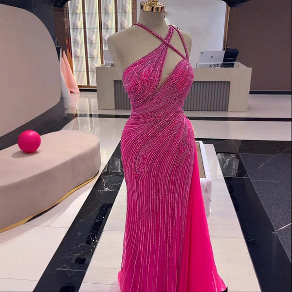 Fuchsia One Shoulder Beaded Mermaid Evening Dress with Overskirt LA73105