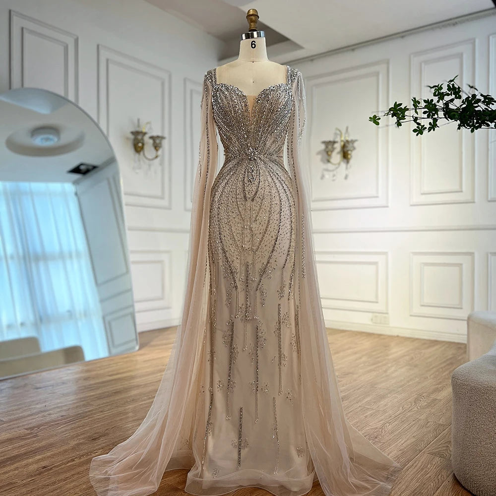 Luxury Designer Beige Beaded Evening Dress with Cape Sleeves LA72992 - SERENE HILL
