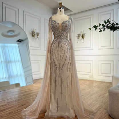 Luxury Designer Beige Beaded Evening Dress with Cape Sleeves LA72992 - SERENE HILL