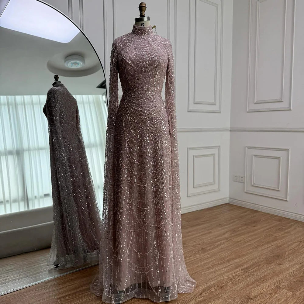 Luxury Dubai Muslim Sage Green Pearls Evening Dress With Cape Plus Size LA72591 - SERENE HILL