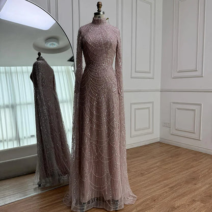Luxury Dubai Muslim Sage Green Pearls Evening Dress With Cape Plus Size LA72591 - SERENE HILL