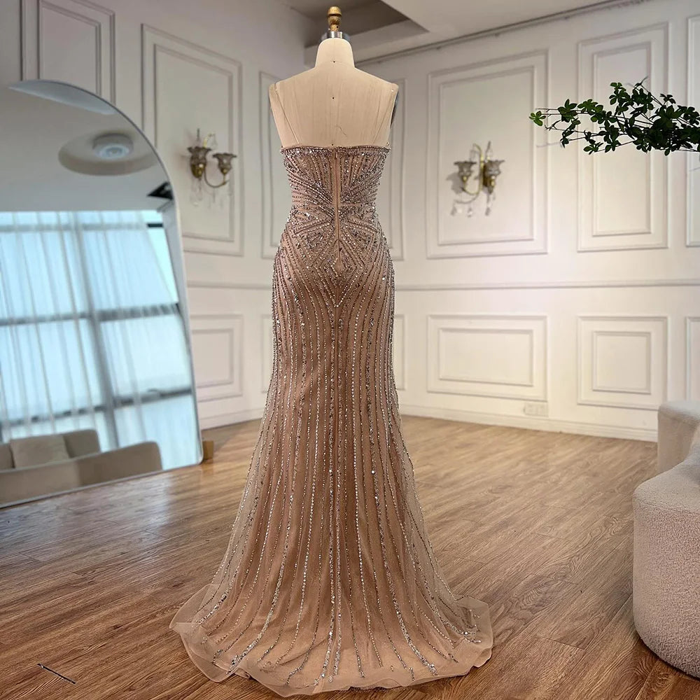 Luxury Nude V Neck Beaded Mermaid Evening Dress Sleeveless LA72981 - SERENE HILL