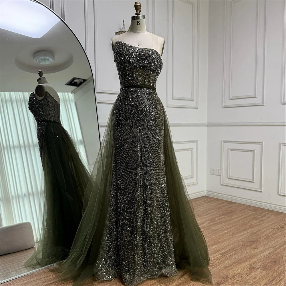 Luxury Olive Green Beaded Mermaid Evening Dress with Detachable Overskirt LA73164A - SERENE HILL