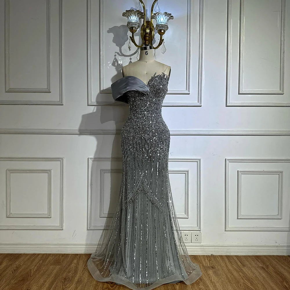 Luxury Dubai Arabic Green Mermaid Elegant One Shoulder Beaded Long Evening Dresses Gowns for Formal Occasion LA72650 - SERENE HILL