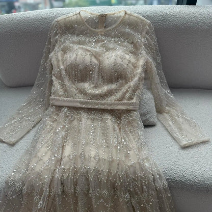 Luxury Nude A-Line Pearls Beaded Evening Dress LA73174 - SERENE HILL