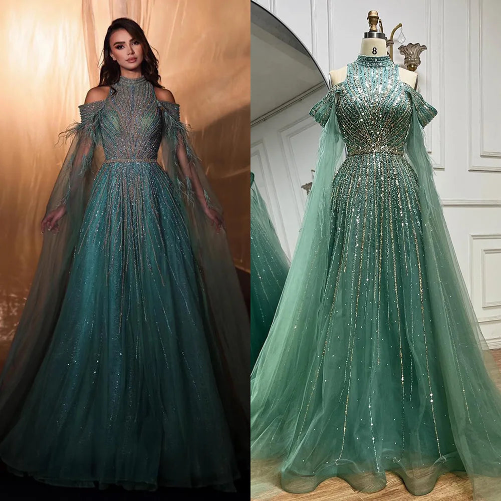 Serene Hill 2025 Arabic Turquoise Cape Sleeves A-Line Beaded Feathers Long Evening Gowns for Women Wedding Party LA72644 - SERENE HILL