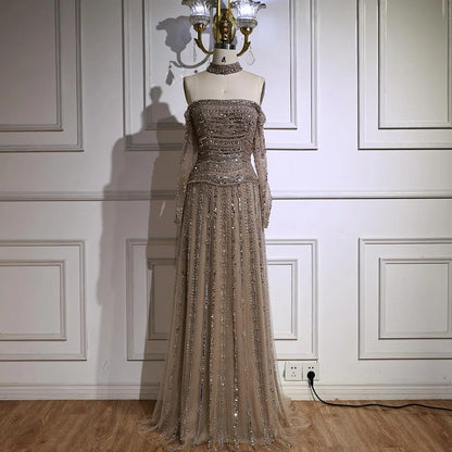 Luxury Caramel Off Shoulder Beaded Mermaid Evening Dress Long Sleeves LA73053 - SERENE HILL