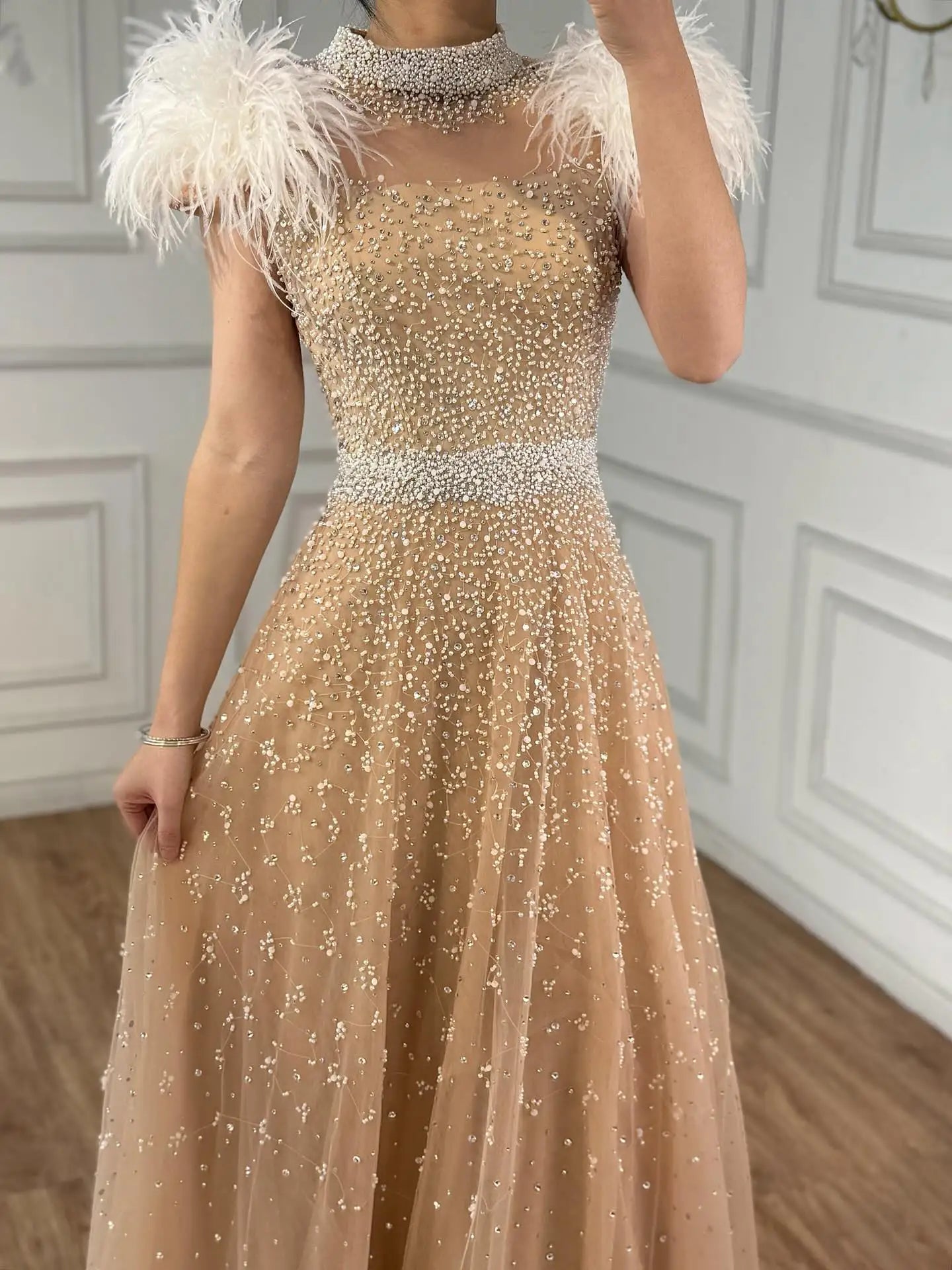 Luxury Nude Feather High Neck A-Line Beaded Evening Dress LA73420 - SERENE HILL