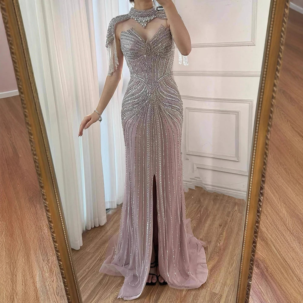 Nude Mermaid Evening Dress with Detachable High Neck Tassel LA72891A - SERENE HILL