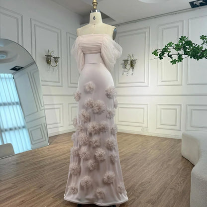 Elegant pink 3D flower off-shoulder evening dress LA72943 - SERENE HILL