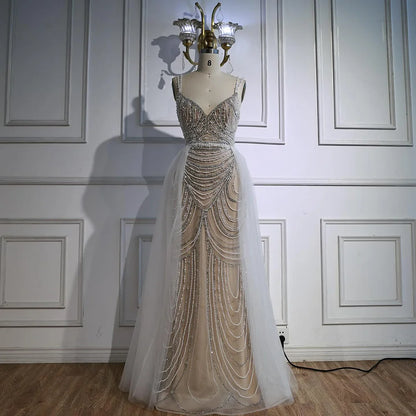 Nude Beaded Arabic Evening Gown with Spaghetti Straps LA72253A - SERENE HILL